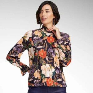 Chico’s size 2 Large Mockneck Crinkle Floral Blouse Fan Sleeves